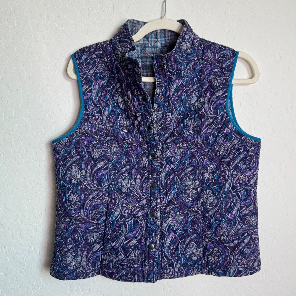 Womens Reversible Quilted Vest Purple Paisley Plaid Snap Front Pockets Cottage